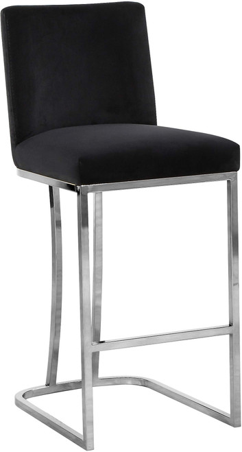 Modern | Contemporary Velvet Upholstered Counter Stool with Polished Chrome Metal Legs, 16" W x 19.5" D x 36.5" H, Black