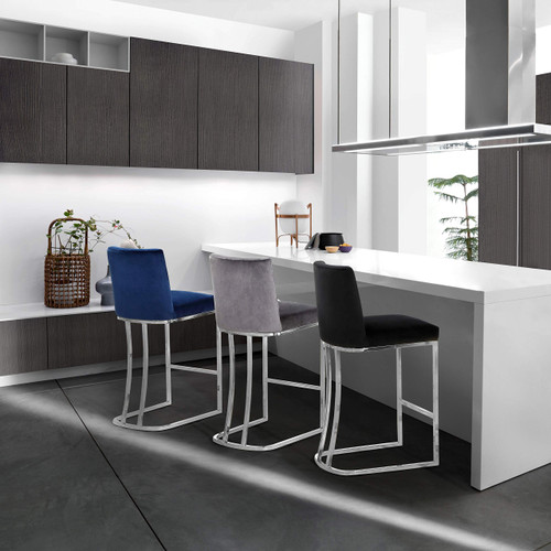 Modern | Contemporary Velvet Upholstered Counter Stool with Polished Chrome Metal Legs, 16" W x 19.5" D x 36.5" H, Navy