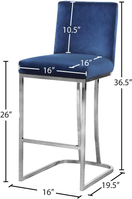 Modern | Contemporary Velvet Upholstered Counter Stool with Polished Chrome Metal Legs, 16" W x 19.5" D x 36.5" H, Navy