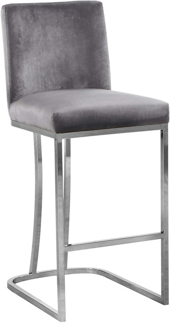 Heidi Collection Modern | Contemporary Velvet Upholstered Counter Stool with Polished Chrome Metal Legs, 16" W x 19.5" D x 36.5" H, Grey