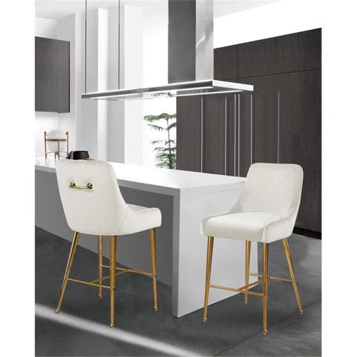 745Cream Owen Collection Modern | Contemporary Velvet Upholstered Counter Stool with Polished Gold Metal Legs, Set of 2, Cream, 23" W x 21" D x 40" H
