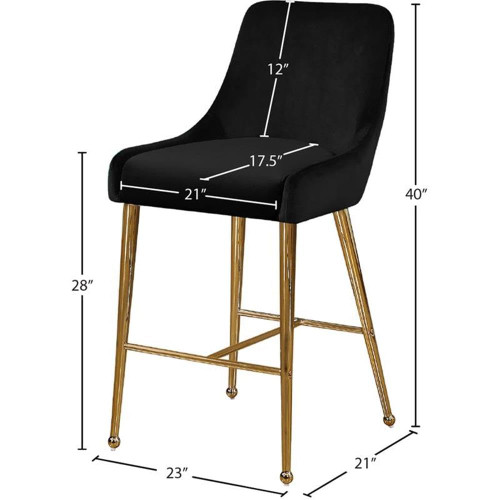 Owen Collection Modern | Contemporary Velvet Upholstered Counter Stool with Polished Gold Metal Legs, Set of 2, 23" W x 21" D x 40" H, Black