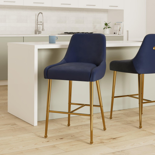 Owen Collection Modern | Contemporary Velvet Upholstered Counter Stool with Polished Gold Metal Legs, Set of 2, 23" W x 21" D x 40" H, Navy
