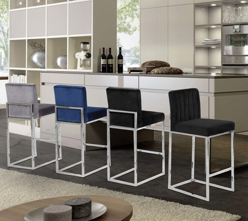Giselle Collection Modern | Contemporary Velvet Upholstered, Channel Tufted Counter Stool with Polished Chrome Metal Base, 16" W x 19" D x 37.5" H, Navy