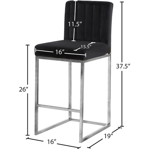 Giselle Collection Modern | Contemporary Velvet Upholstered, Channel Tufted Counter Stool with Polished Chrome Metal Base, 16" W x 19" D x 37.5" H, Black