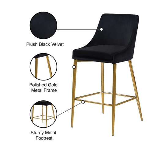 Karina Collection Modern | Contemporary Velvet Upholstered Counter Stool with Polished Gold Metal Legs and Foot Rest, Set of 2, Black