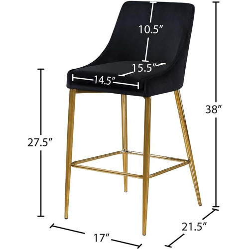 Karina Collection Modern | Contemporary Velvet Upholstered Counter Stool with Polished Gold Metal Legs and Foot Rest, Set of 2, Black