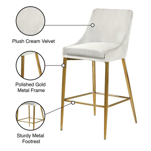 Karina Collection Modern | Contemporary Velvet Upholstered Counter Stool with Polished Gold Metal Legs and Foot Rest, Set of 2, Cream