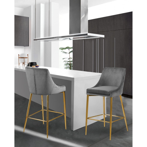 Karina Collection Modern | Contemporary Velvet Upholstered Counter Stool with Polished Gold Metal Legs and Foot Rest, Set of 2, Grey