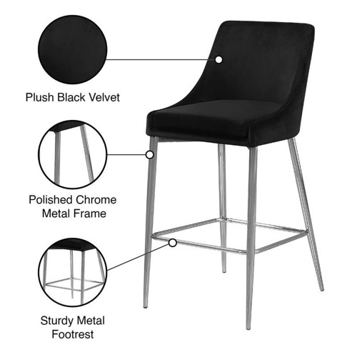 Karina Collection Modern | Contemporary Velvet Upholstered Counter Stool with Polished Chrome Metal Legs and Foot Rest, Set of 2, Black