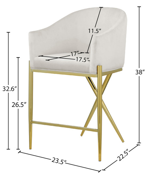 867Cream-C Xavier Collection Velvet Upholstered Counter Stool with Sturdy Gold Metal Legs, Cream, 23.5" W x 22.5" D x 38" H