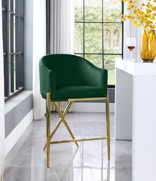 867Green-C Xavier Collection Velvet Upholstered Counter Stool with Sturdy Gold Metal Legs, Green, 23.5" W x 22.5" D x 38" H
