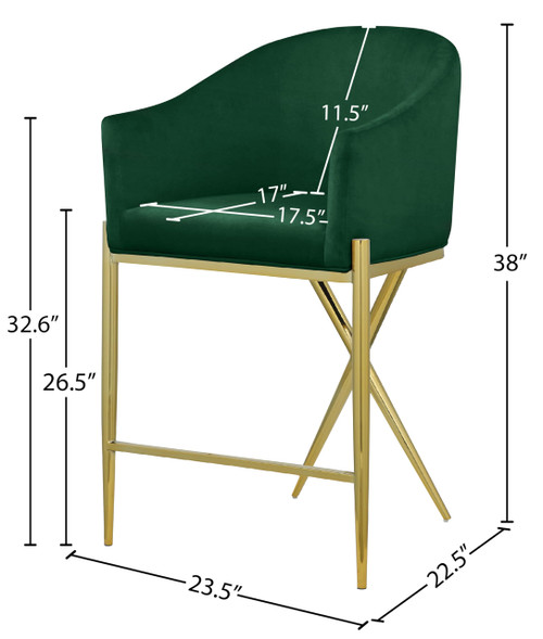 867Green-C Xavier Collection Velvet Upholstered Counter Stool with Sturdy Gold Metal Legs, Green, 23.5" W x 22.5" D x 38" H