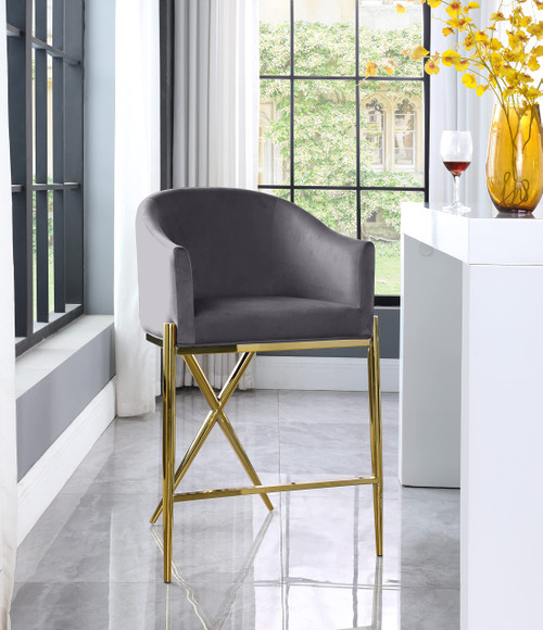 867Grey-C Xavier Collection Velvet Upholstered Counter Stool with Sturdy Gold Metal Legs, Grey, 23.5" W x 22.5" D x 38" H