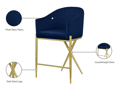 867Navy-C Xavier Collection Velvet Upholstered Counter Stool with Sturdy Gold Metal Legs, Navy, 23.5" W x 22.5" D x 38" H
