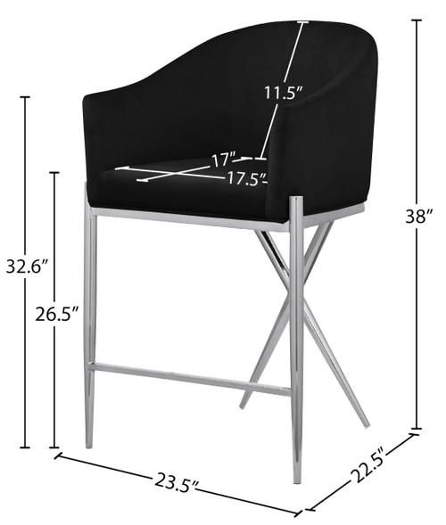 866Black-C Xavier Collection Velvet Upholstered Counter Stool with Sturdy Chrome Metal Legs, Black, 23.5" W x 22.5" D x 38" H