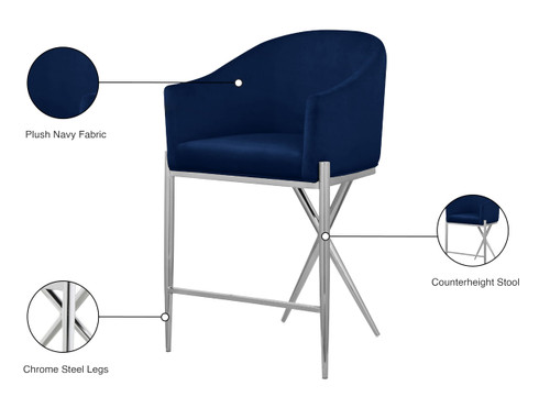 866Navy-C Xavier Collection Velvet Upholstered Counter Stool with Sturdy Chrome Metal Legs, Navy, 23.5" W x 22.5" D x 38" H