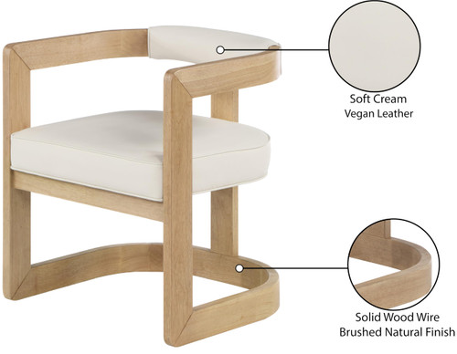 Dining Chair, Solid Wood Brushed Natural Finish, Soft Cream Vegan Leather, Chrome Accents, 24" W x 22" D x 28" H, Cream