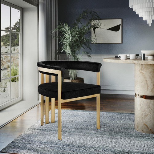 Velvet Upholstered Dining Chair with Brushed Brass Iron Frame, 23.5" W x 21.75" D x 27.75" H, Black, Set of 2