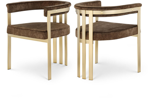 Velvet Upholstered Dining Chair with Brushed Brass Iron Frame, 23.5" W x 21.75" D x 27.75" H, Brown, Set of 2