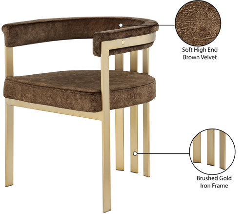 Velvet Upholstered Dining Chair with Brushed Brass Iron Frame, 23.5" W x 21.75" D x 27.75" H, Brown, Set of 2
