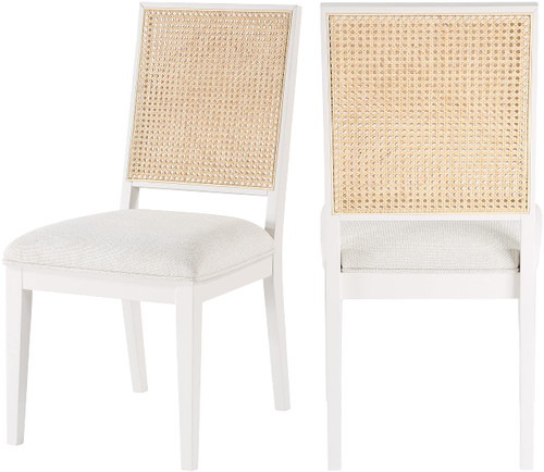 Mid-Century Modern Dining Chair, Solid Wood White Finish, Cream Linen Textured Fabric, Natural Cane, 19" W x 24.5" D x 36.5" H, Cream, Set of 2