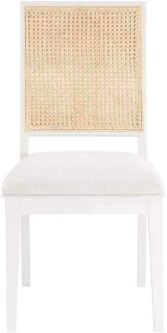 Mid-Century Modern Dining Chair, Solid Wood White Finish, Cream Linen Textured Fabric, Natural Cane, 19" W x 24.5" D x 36.5" H, Cream, Set of 2
