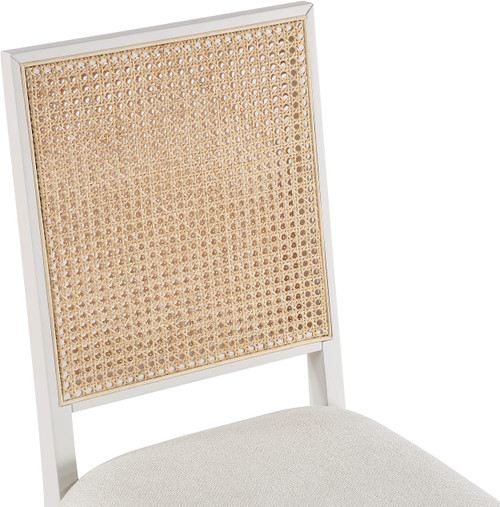Mid-Century Modern Dining Chair, Solid Wood White Finish, Cream Linen Textured Fabric, Natural Cane, 19" W x 24.5" D x 36.5" H, Cream, Set of 2