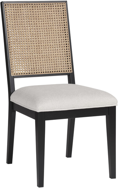 Mid-Century Modern Dining Chair, Solid Wood Black Finish, Soft Cream Linen Textured Fabric, Natural Cane, 19" W x 24.5" D x 36.5" H, Cream, Set of 2