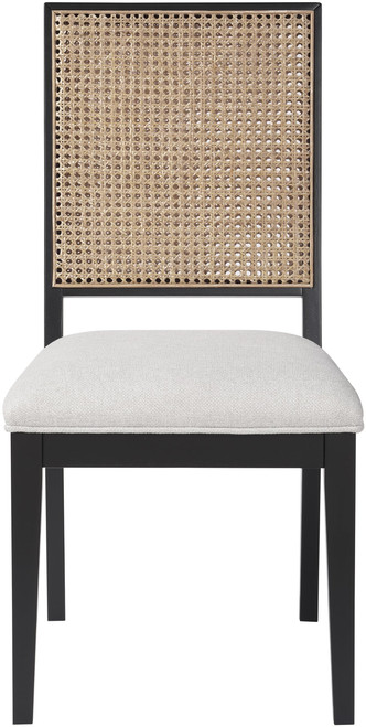 Mid-Century Modern Dining Chair, Solid Wood Black Finish, Soft Cream Linen Textured Fabric, Natural Cane, 19" W x 24.5" D x 36.5" H, Cream, Set of 2