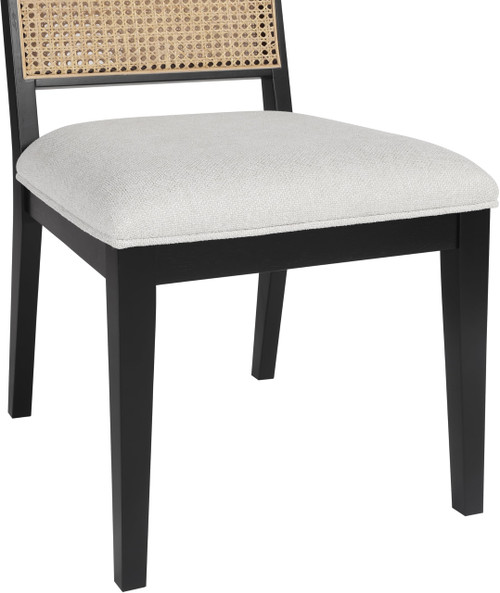 Mid-Century Modern Dining Chair, Solid Wood Black Finish, Soft Cream Linen Textured Fabric, Natural Cane, 19" W x 24.5" D x 36.5" H, Cream, Set of 2