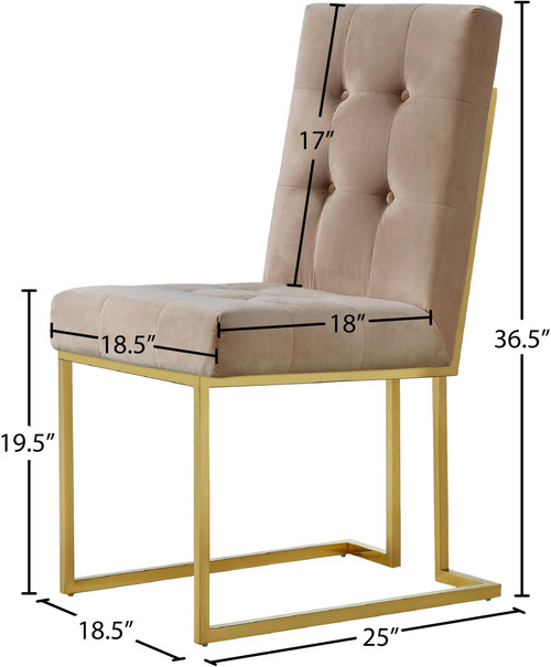 Velvet Dining Chair with Luxurious Deep Tufting and Polished Gold Metal Frame, Set of 2, Beige, 18.5" W x 25" D x 36.5" H