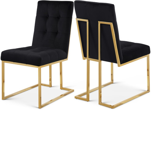 Velvet Dining Chair with Luxurious Deep Tufting and Polished Gold Metal Frame, Set of 2, Black, 18.5" W x 25" D x 36.5" H