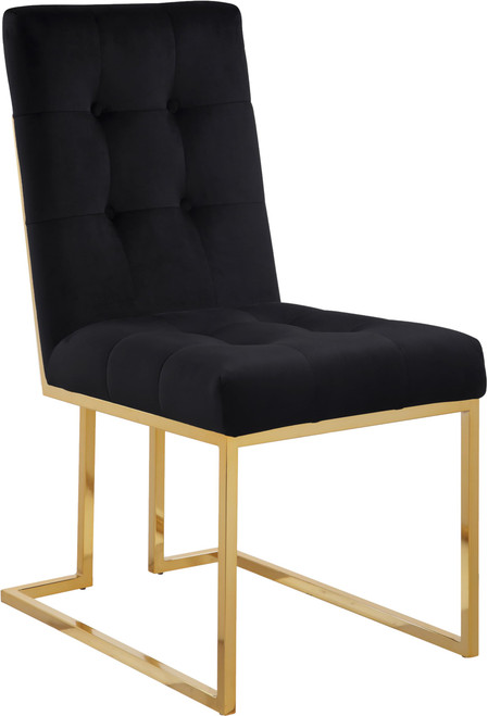 Velvet Dining Chair with Luxurious Deep Tufting and Polished Gold Metal Frame, Set of 2, Black, 18.5" W x 25" D x 36.5" H