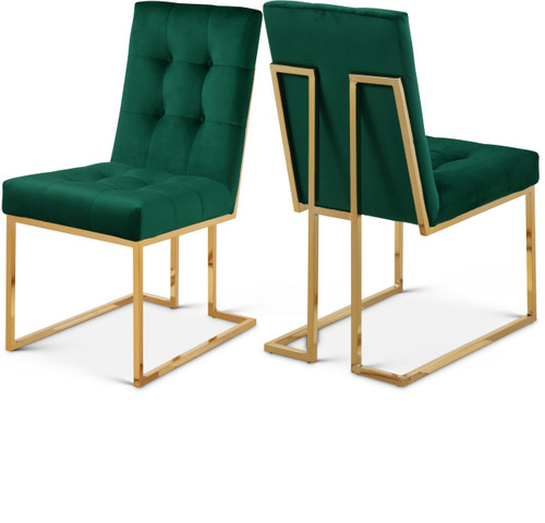 Velvet Dining Chair with Luxurious Deep Tufting and Polished Gold Metal Frame, Set of 2, Green, 18.5" W x 25" D x 36.5" H