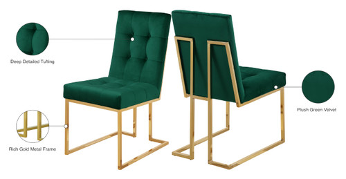 Velvet Dining Chair with Luxurious Deep Tufting and Polished Gold Metal Frame, Set of 2, Green, 18.5" W x 25" D x 36.5" H