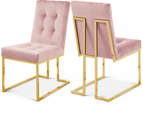 Pink Velvet Dining Chair with Luxurious Deep Tufting and Polished Gold Metal Frame, Set of 2, 18.5" W x 25" D x 36.5" H