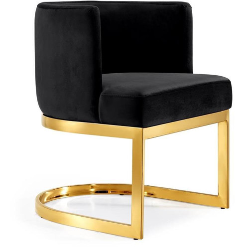 Velvet Upholstered Dining Chair with Polished Gold Metal Frame, 24" W x 22" D x 29.5" H, Black