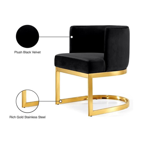 Velvet Upholstered Dining Chair with Polished Gold Metal Frame, 24" W x 22" D x 29.5" H, Black