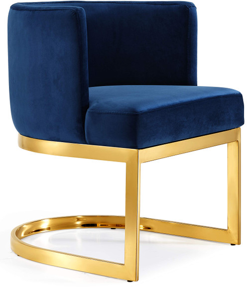 Velvet Upholstered Dining Chair with Polished Gold Metal Frame, 24" W x 22" D x 29.5" H, Navy