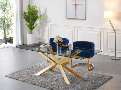 Velvet Upholstered Dining Chair with Polished Gold Metal Frame, 24" W x 22" D x 29.5" H, Navy