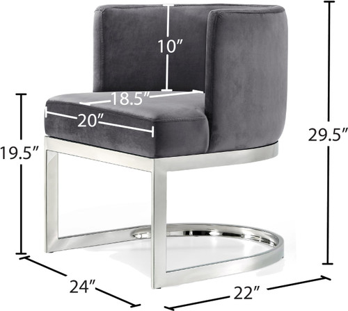 Velvet Upholstered Dining Chair with Polished Chrome Metal Frame, 24" W x 22" D x 29.5" H, Grey