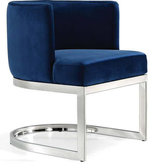Velvet Upholstered Dining Chair with Polished Chrome Metal Frame, 24" W x 22" D x 29.5" H, Navy