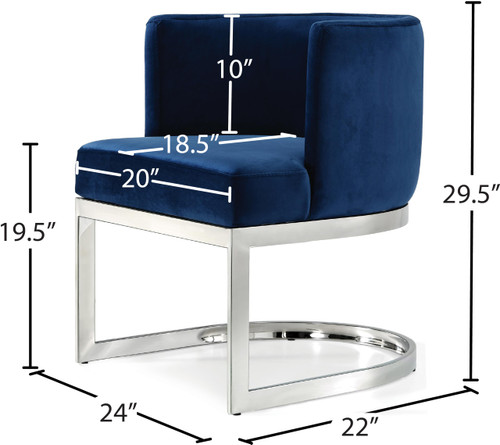 Velvet Upholstered Dining Chair with Polished Chrome Metal Frame, 24" W x 22" D x 29.5" H, Navy