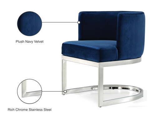 Velvet Upholstered Dining Chair with Polished Chrome Metal Frame, 24" W x 22" D x 29.5" H, Navy
