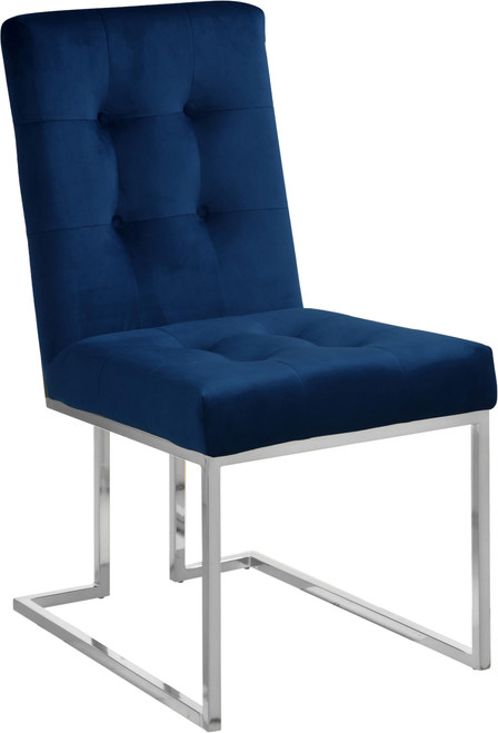 Velvet Upholstered Dining Chair with Luxurious Deep Button Tufting and Polished Chrome Metal Frame, Set of 2, 18.5" W x 25" D x 36.5" H, Navy