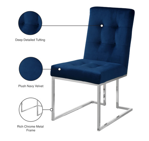 Velvet Upholstered Dining Chair with Luxurious Deep Button Tufting and Polished Chrome Metal Frame, Set of 2, 18.5" W x 25" D x 36.5" H, Navy