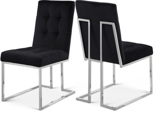 Velvet Upholstered Dining Chair with Button Tufting and Polished Chrome Metal Frame, Set of 2, Black, 18.5" W x 25" D x 36.5" H