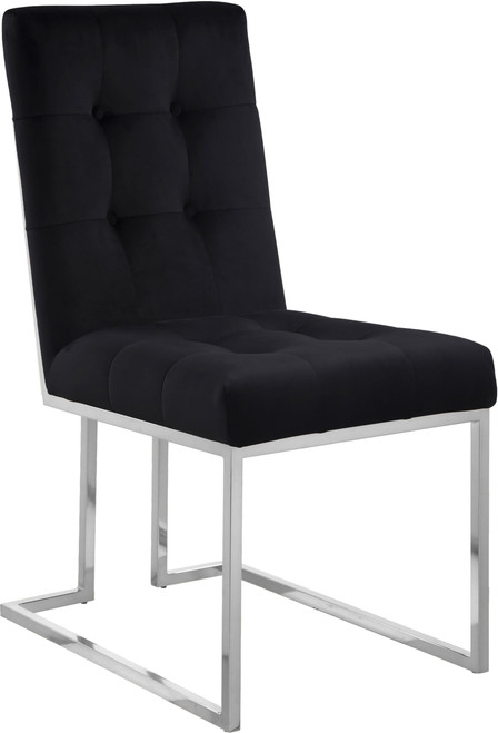 Velvet Upholstered Dining Chair with Button Tufting and Polished Chrome Metal Frame, Set of 2, Black, 18.5" W x 25" D x 36.5" H