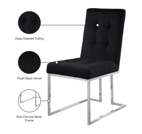 Velvet Upholstered Dining Chair with Button Tufting and Polished Chrome Metal Frame, Set of 2, Black, 18.5" W x 25" D x 36.5" H